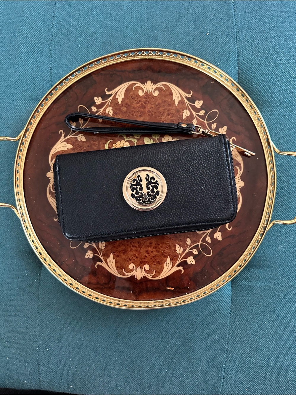 Black Wristlet Wallet with Gold Medallion